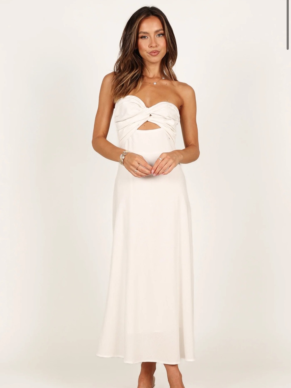 Petal & Pup Ivory Strapless Twist-Front Maxi Dress